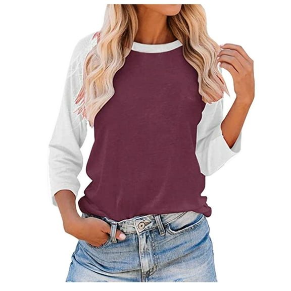 Womens Long Sleeve Tops Blouses for Women Women Long Sleeve Round Neck Top Solid Color Color Matching Fashion Raglan Sleeves Casual T Shirt