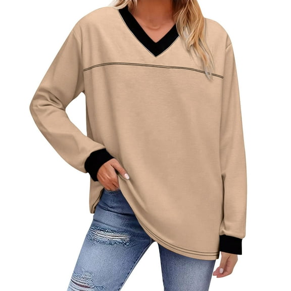 Womens Long Sleeve Tops Business Casual V Neck Loose Fit Color Block Shirts Summer Fall Fashion Pullover Sweatshirts Khaki XL