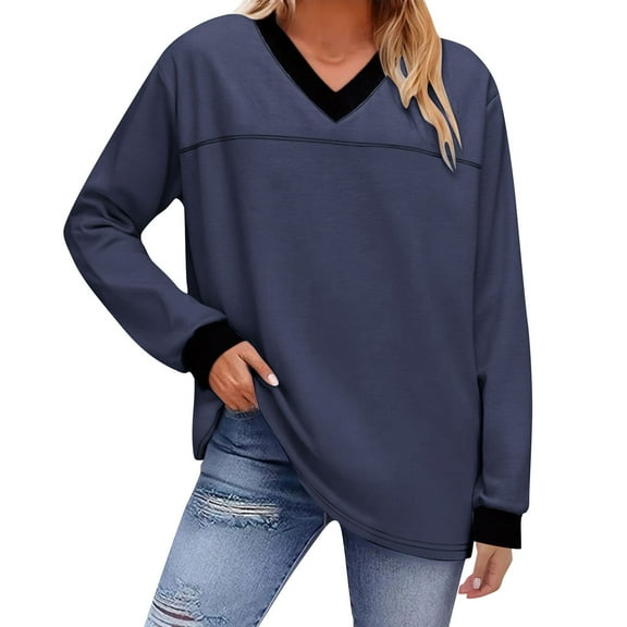 Womens Long Sleeve Tops Business Casual V Neck Loose Fit Color Block Shirts Summer Fall Fashion Pullover Sweatshirts Navy M