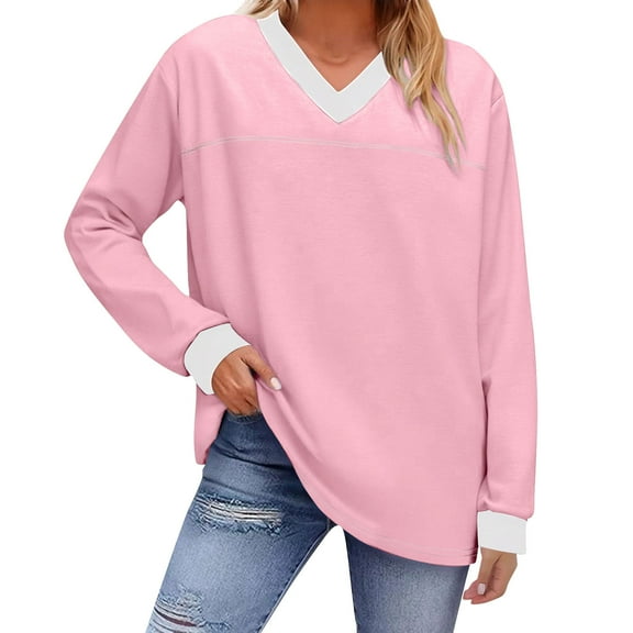 Womens Long Sleeve Tops Business Casual V Neck Loose Fit Color Block Shirts Summer Fall Fashion Pullover Sweatshirts Pink L