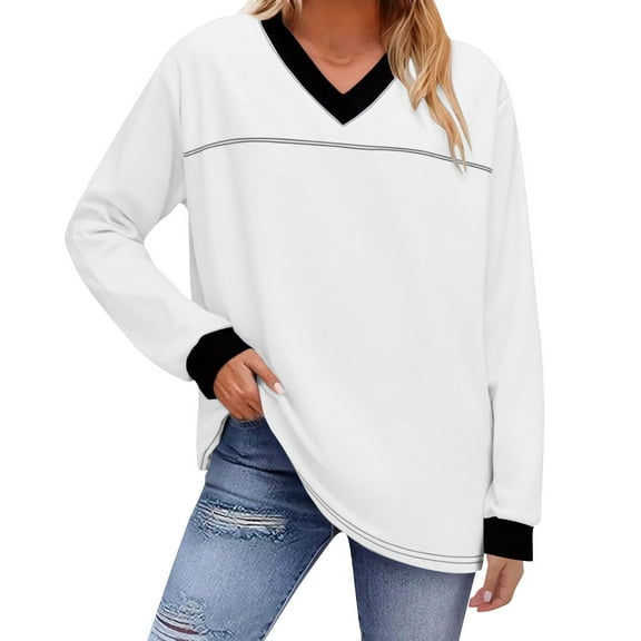 Womens Long Sleeve Tops Business Casual V Neck Loose Fit Color Block Shirts Summer Fall Fashion Pullover Sweatshirts White 2XL