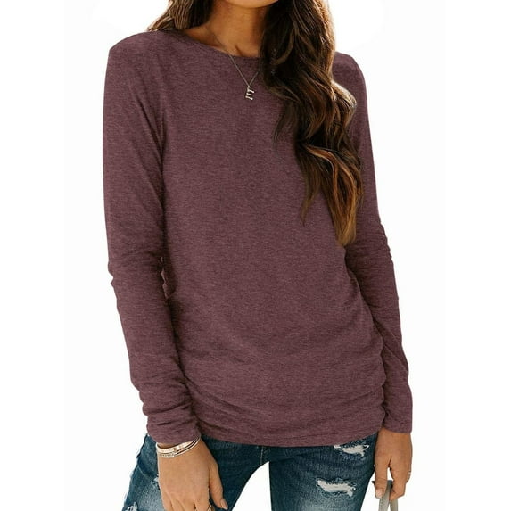 Womens Long Sleeve Tops Casual Basics Fall Shirts Solid Crewneck T-Shirt