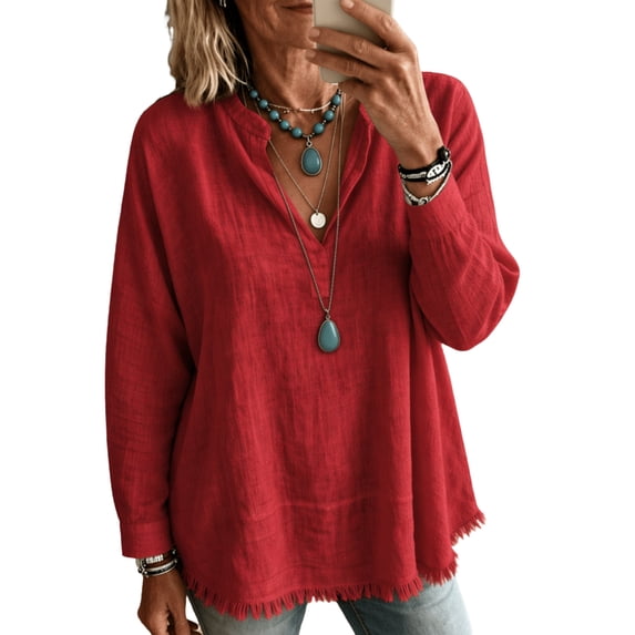 Womens Long Sleeve Tops Casual Boho Dressy Blouses Plain Ruffle Sleeve Vintage Tshirts Vacation Layering Tunic Tops,L