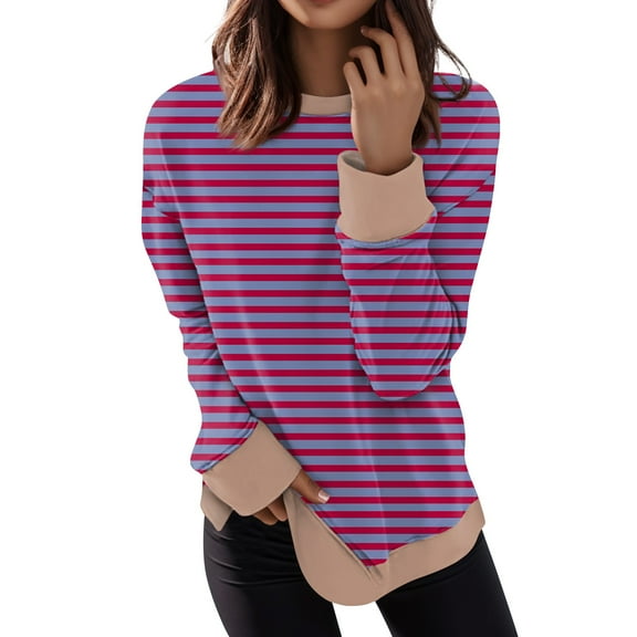 Womens Long Sleeve Tops Casual Crewneck Striped Color Block Shirts Pullover Jumpers Tops
