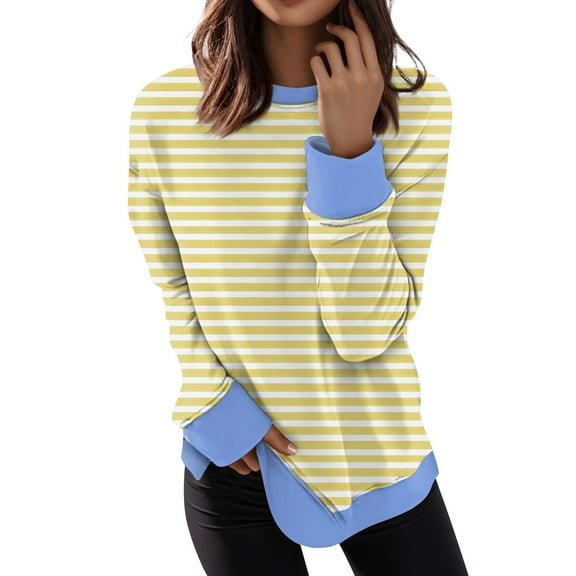 Womens Long Sleeve Tops Casual Crewneck Striped Color Block Shirts Pullover Jumpers Tops