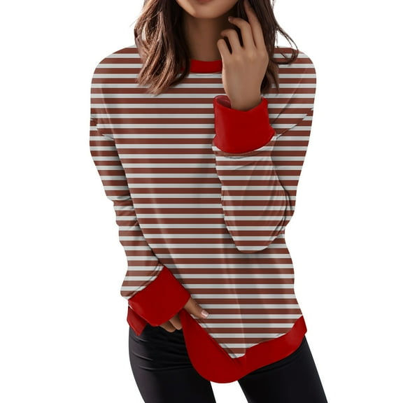 Womens Long Sleeve Tops Casual Crewneck Striped Color Block Shirts Pullover Jumpers Tops