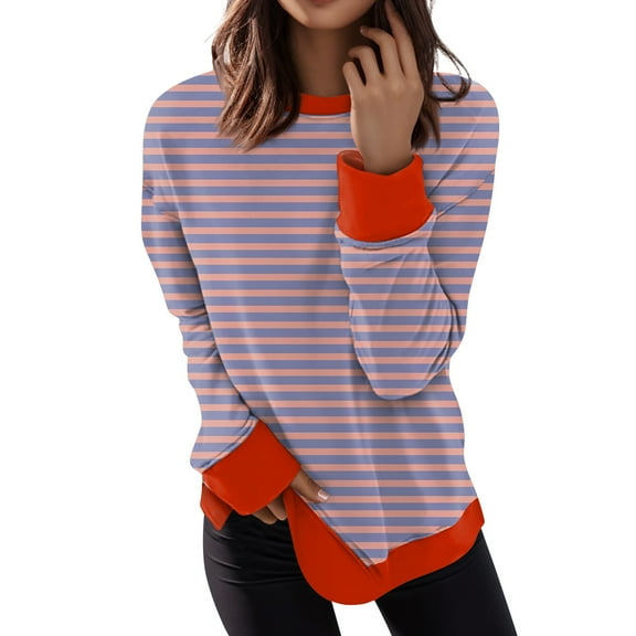 Womens Long Sleeve Tops Casual Crewneck Striped Color Block Shirts Pullover Jumpers Tops