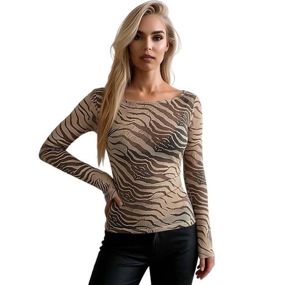 Womens Long Sleeve Tops Casual Crewneck T Shirts Animal Print Off Shoulder For Plus Size Bodycon Sheer Mesh Blouse Basic Tees