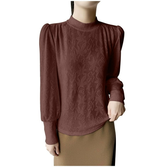 Womens Long Sleeve Tops Casual Fall Mock Neck Puff Shirt Fashion Solid Color Loose Pullover Knitted Blouses (Coffee XL)
