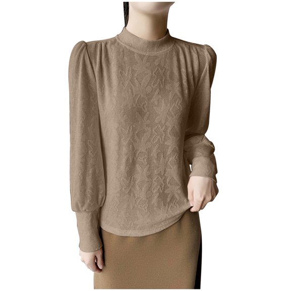 Womens Long Sleeve Tops Casual Fall Mock Neck Puff Shirt Fashion Solid Color Loose Pullover Knitted Blouses (Khaki M)