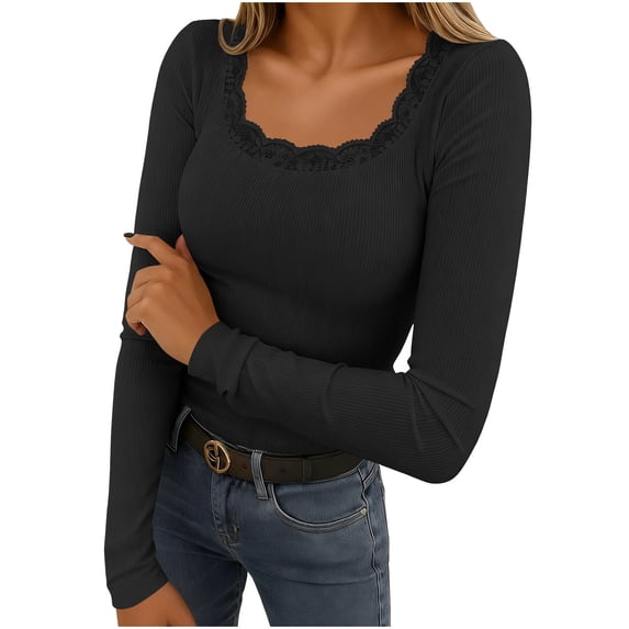 Womens Long Sleeve Tops Casual Slim Fit T-Shirt Lace Crew Neck Ribbed Knit Shirts Fall Trendy Going Out Basic Tee (XL, Black)