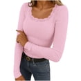 thumbnail image 1 of Womens Long Sleeve Tops Casual Slim Fit T-Shirt Lace Crew Neck Ribbed Knit Shirts Fall Trendy Going Out Basic Tee (XL, Pink), 1 of 9