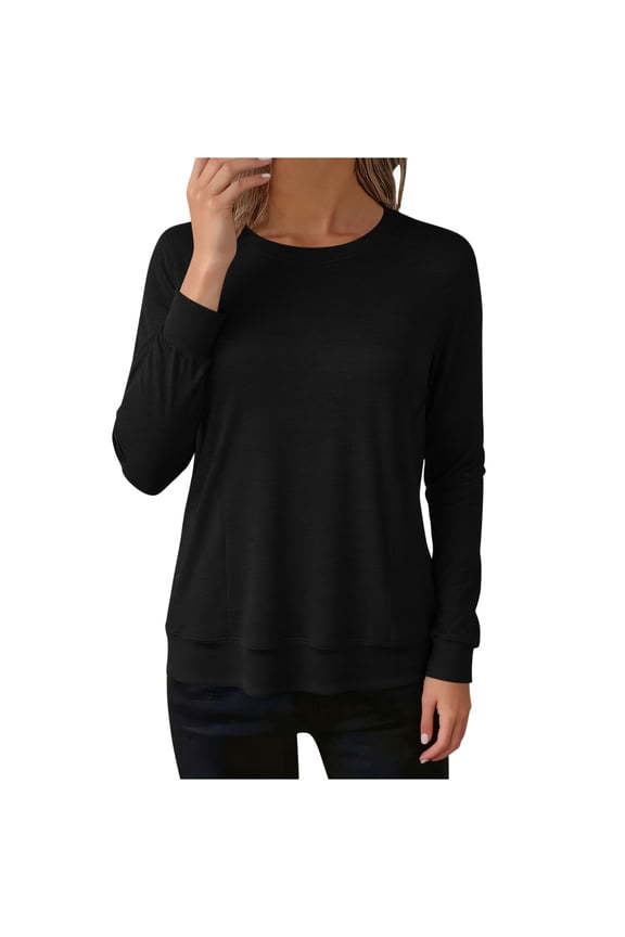 Womens Long Sleeve Tops Casual Solid Color Crew Neck Base Layer Tee Shirt Comfy Tshirts Spring Fall Clothes (XL, Black)