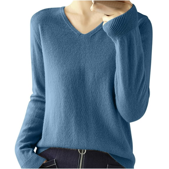 Womens Long Sleeve Tops Casual V Neck Loose Pullover Knitted Shirt Solid Color Warm Cozy Lightweight Wool Sweater (Blue 2XL)