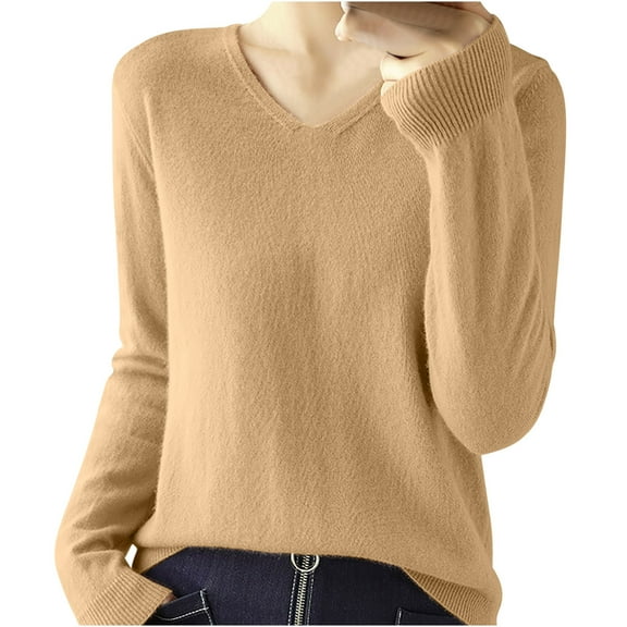 Womens Long Sleeve Tops Casual V Neck Loose Pullover Knitted Shirt Solid Color Warm Cozy Lightweight Wool Sweater (Khaki 2XL)