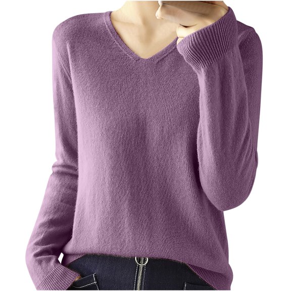 Womens Long Sleeve Tops Casual V Neck Loose Pullover Knitted Shirt Solid Color Warm Cozy Lightweight Wool Sweater (Purple 2XL)