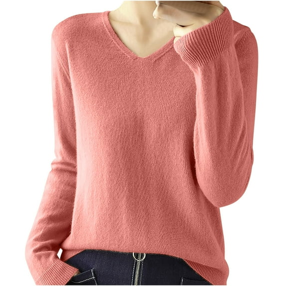 Womens Long Sleeve Tops Casual V Neck Loose Pullover Knitted Shirt Solid Color Warm Cozy Lightweight Wool Sweater (Red S)