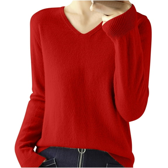 Womens Long Sleeve Tops Casual V Neck Loose Pullover Knitted Shirt Solid Color Warm Cozy Lightweight Wool Sweater (Red XL)