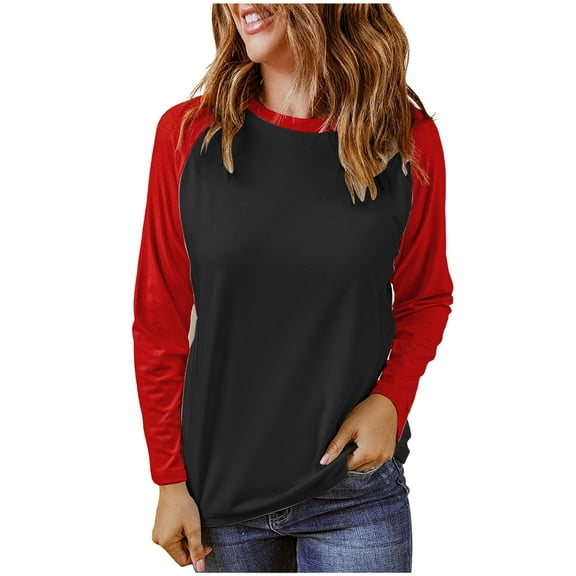 Womens Long Sleeve Tops Color Block Crewneck Basic T Shirts Tops Casual Loose Comfy Pullover Tunics Blouses