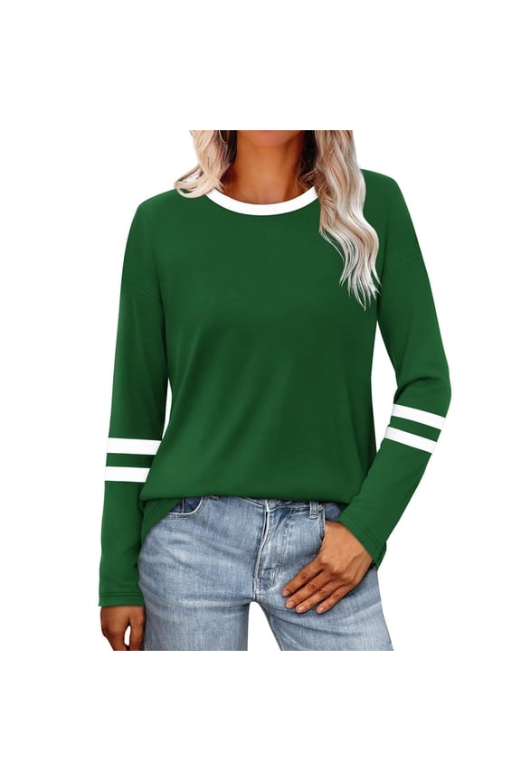 Womens Long Sleeve Tops Color Block Striped Trendy Casual Crew Neck Tee Shirt Loose Pullover Spring Fall Clothes (M, Army Green)