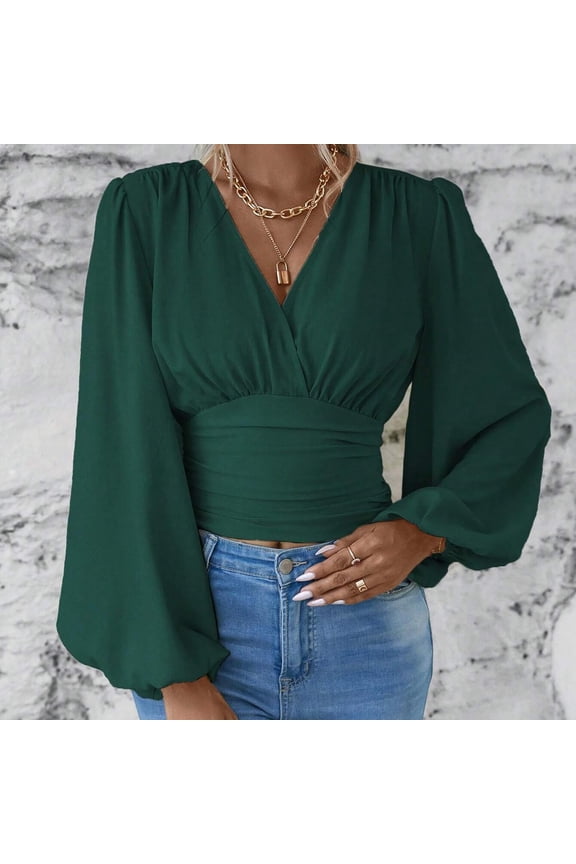 Womens Long Sleeve Tops Comfy Lounge Waistband Puff Sleeve v Neck Preppy Blouses Solid Color Ruched Sexy Tee Shirts Green XL