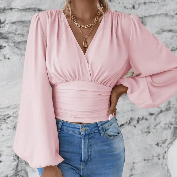 Womens Long Sleeve Tops Comfy Lounge Waistband Puff Sleeve v Neck Preppy Blouses Solid Color Ruched Sexy Tee Shirts Pink L