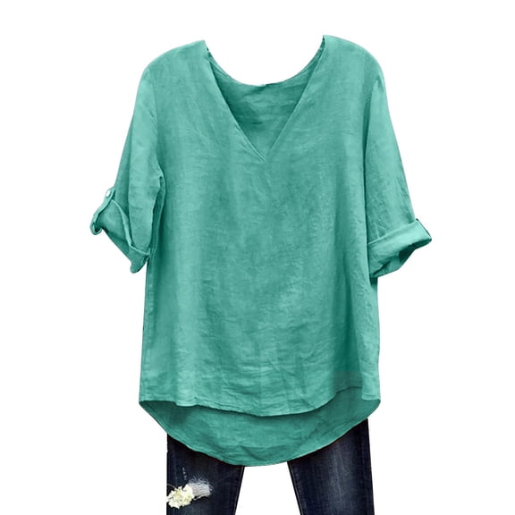 Womens Long Sleeve Tops Cotton Blend Mid Sleeve Loose Casual Fall Solid Plus Size Tops