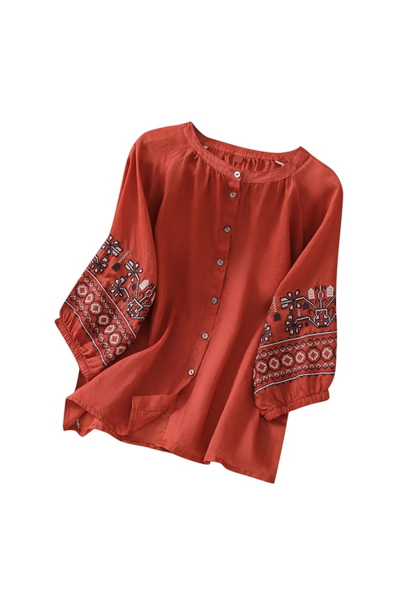 Womens Long Sleeve Tops Cotton Linen Embroidery Boho Summer Loose Breathable Plus Size Tops