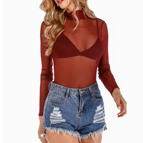 Womens Long Sleeve Tops Crew Neck Sexy See Through Tee Shirts Party Club Night Lace Blouse Red L