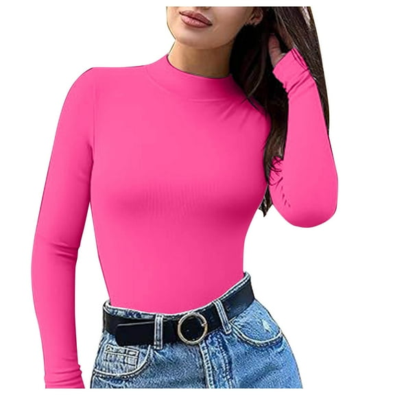 Womens Long Sleeve Tops Crew Neck Stretch Fitted Layer Tee Shirts Pink M