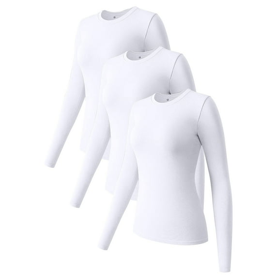 Womens Long Sleeve Tops Crew Neck Stretch Fitted Layer Tee Shirts White S