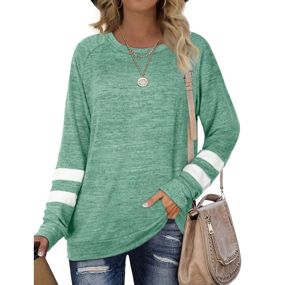 Womens Long Sleeve Tops Crewneck Sweatshirts Casual Color Block Tunic Tops Pullover