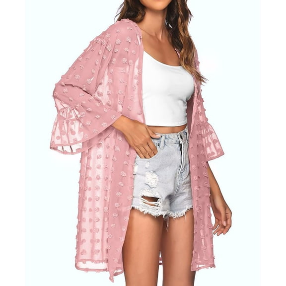 Womens Long Sleeve Tops Dot Chiffon 3/4 Sleeve Beach Cover Up Sheer Trendy Tops