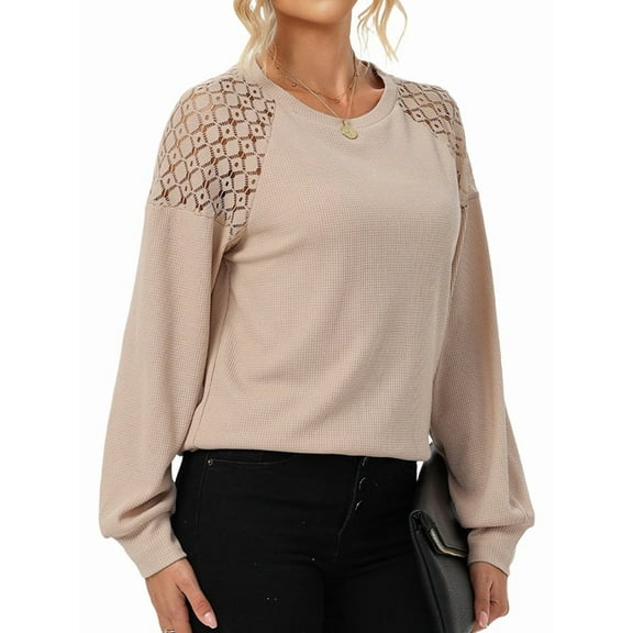 Womens Long Sleeve Tops Dressy Casual Crewneck Waffle Lace Patchwork Knit T Shirts Trendy Loose Blouses Khaki M