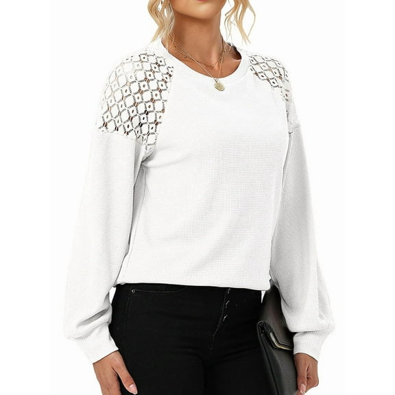 Womens Long Sleeve Tops Dressy Casual Crewneck Waffle Lace Patchwork Knit T Shirts Trendy Loose Blouses White L