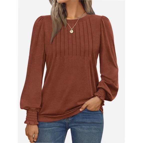 Womens Long Sleeve Tops Dressy Casual Shirts Pleated Crewneck Basic Blouses Fall Trendy Outfits