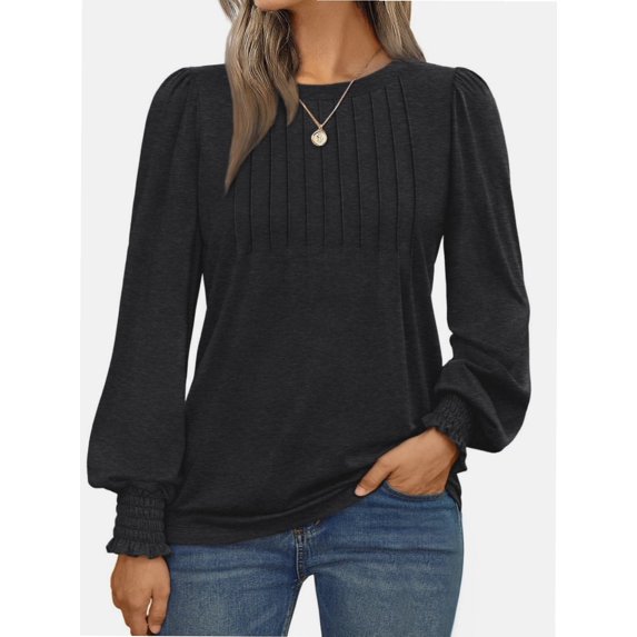 Womens Long Sleeve Tops Dressy Casual Shirts Pleated Crewneck Basic Blouses Fall Trendy Outfits