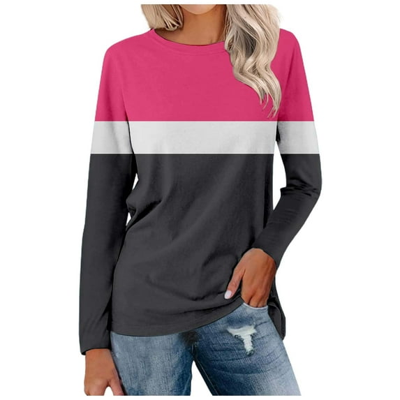 Womens Long Sleeve Tops Dressy Casual Striped Color Block Round Neck Pullover Tunic Shirts Casual Loose Fit Workout Fashion Blouses
