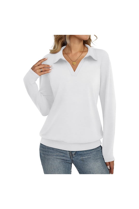 Womens Long Sleeve Tops Dressy Casual V Neck Polo Shirts Business Work Blouses