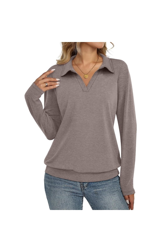 Womens Long Sleeve Tops Dressy Casual V Neck Polo Shirts Business Work Blouses