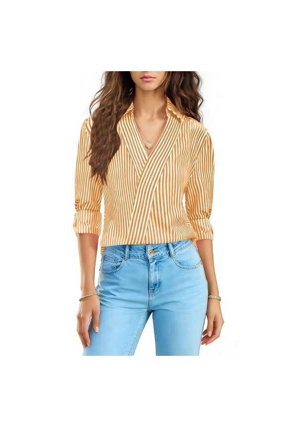 Womens Long Sleeve Tops Dressy Striped Shirts Officewear Ladies Regular Fit V Neck Blouses Lightweight Casual Smart Top Formal Business Work Office Shirts Going Out Tops