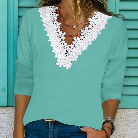 Womens Long Sleeve Tops Dressy Summer Long Sleeve Tops Fashion Casual Solid Color Loose Lace Long Sleeve V-neck Tops