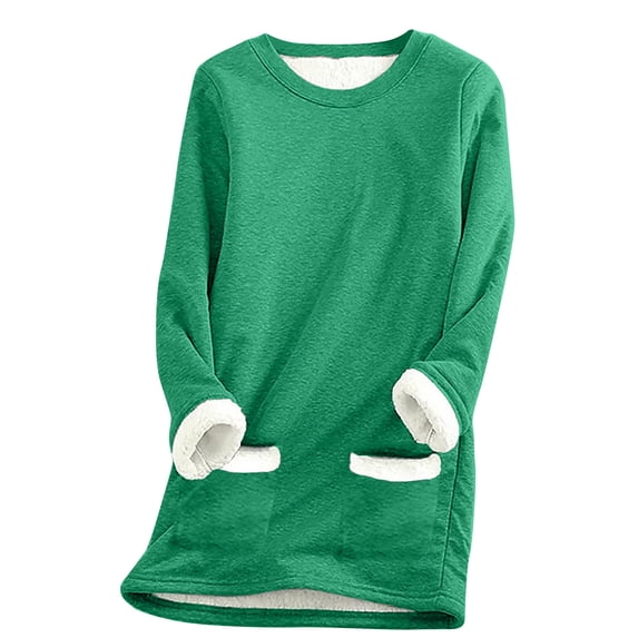 Womens Long Sleeve Tops Fall And Winter Thickened Plush Pullover Crewneck Solid Warm Casual Loose Tops With Pockets,Green,L