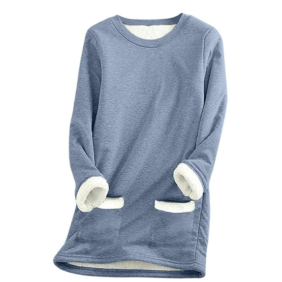 Womens Long Sleeve Tops Fall And Winter Thickened Plush Pullover Crewneck Solid Warm Casual Loose Tops With Pockets,Navy,M
