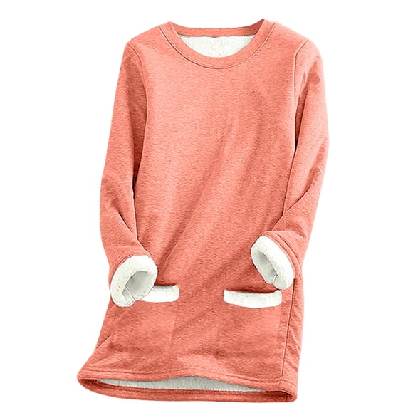Womens Long Sleeve Tops Fall And Winter Thickened Plush Pullover Crewneck Solid Warm Casual Loose Tops With Pockets,Orange 1,S