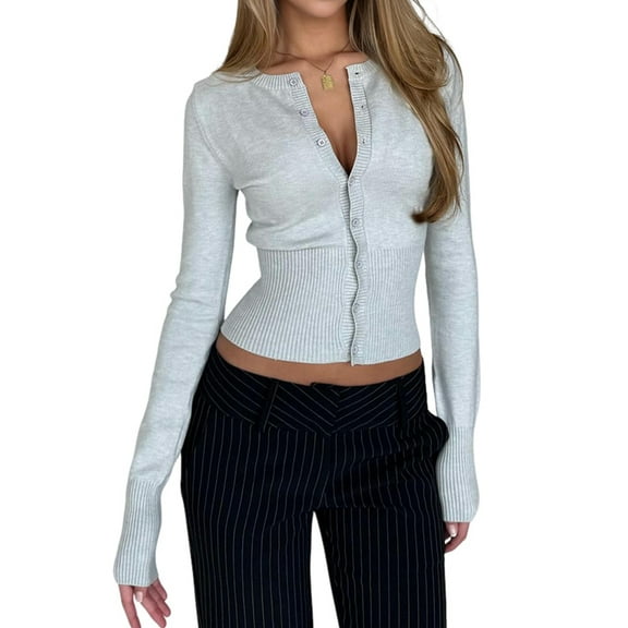 Womens Long Sleeve Tops Fall Cardigan Cropped Going Out Shirts Ribbed Button Down Cute Trendy Light Gray S