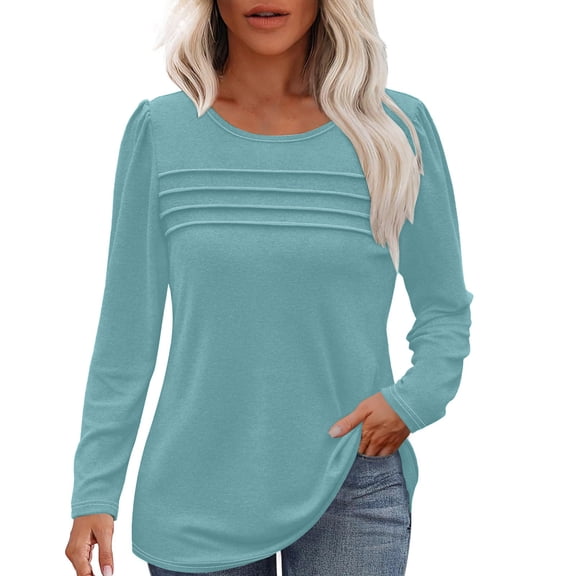 Womens Long Sleeve Tops Fall Fashion Causal Blouse Dressy Shirts Trendy Pleated Tunic for Legging Light Blue S
