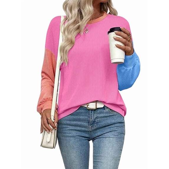Womens Long Sleeve Tops Fall Fashion Crewneck Color Block Ribbed Knit Casual Loose Fit Pullover Shirts Rose Red M
