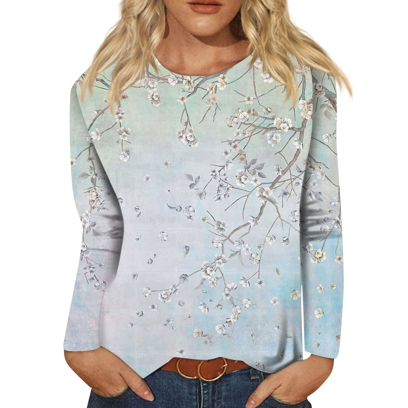Womens Tops Trendy 2023 Plus Size Tunic Long Sleeve Casual Floral Shirts  Lightweight Super Soft Plus Size Tees Blue at  Women's Clothing store