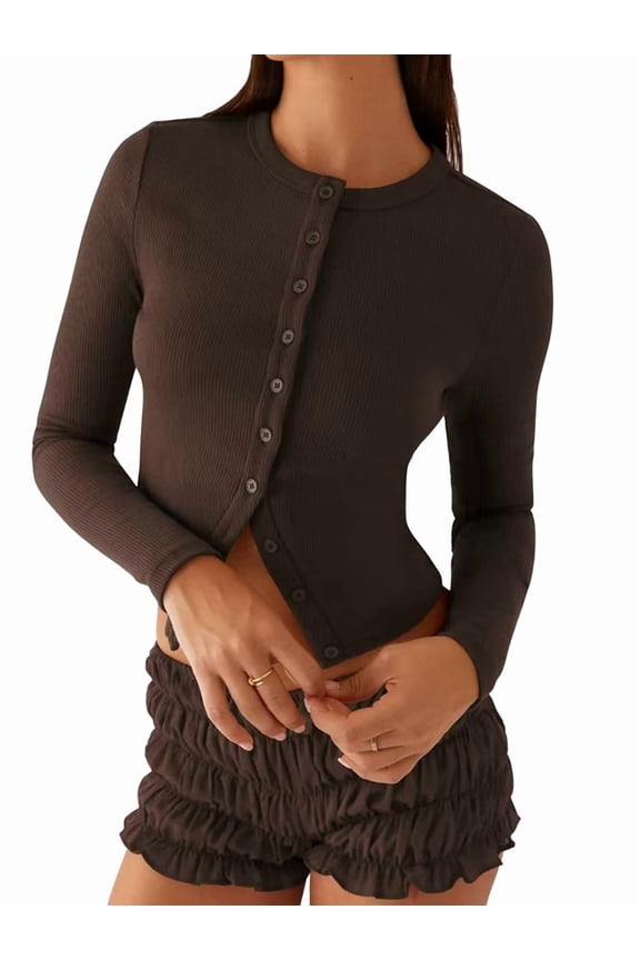 Womens Long Sleeve Tops Fall Light-Weight Cardigan Cropped Going Out Shirts Ribbed Button Down Cute Trendy Coffee S